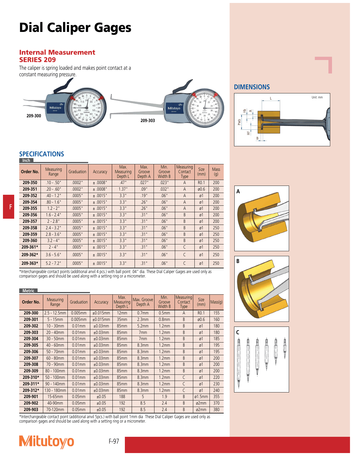 Mitutoyo 209-355 Dial Caliper Gage Internal Measurement 1.2-2″ without/SPC size and specification comparison table