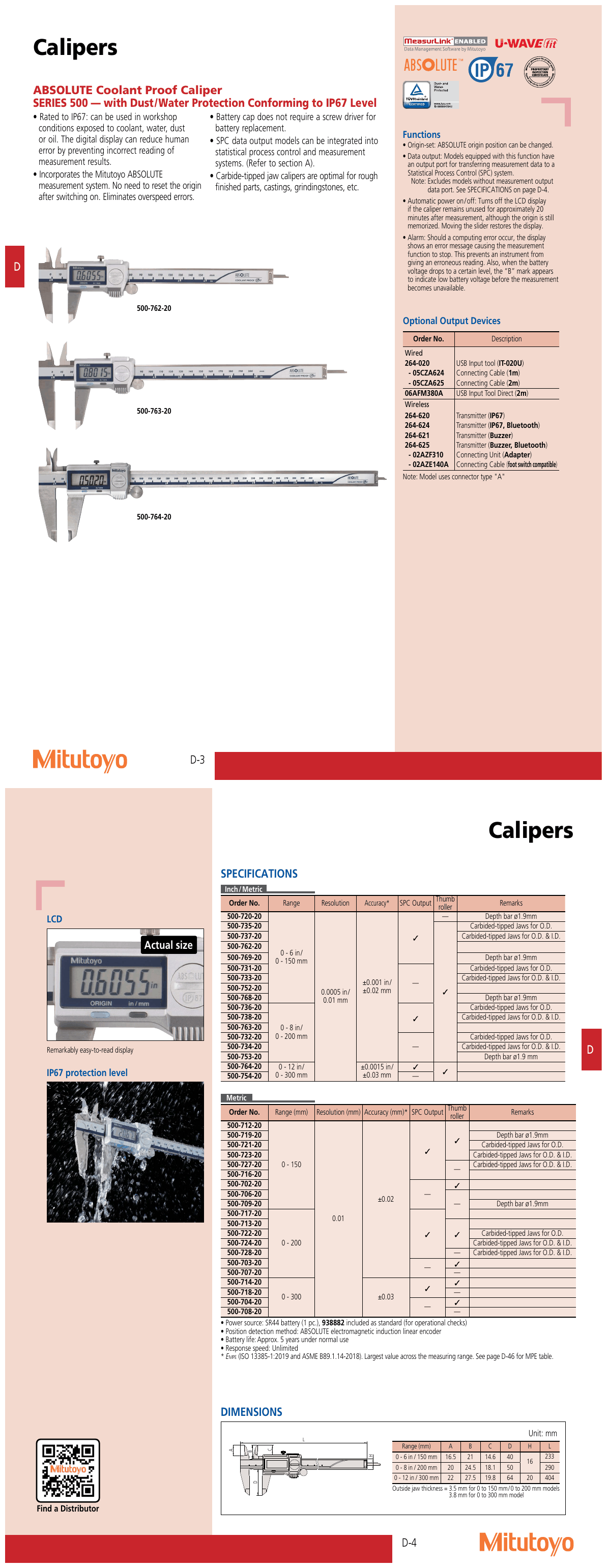 Mitutoyo 500-762-20 Absolute Coolant Proof Caliper 0-6″ w/SPC IP67 size and specification comparison table
