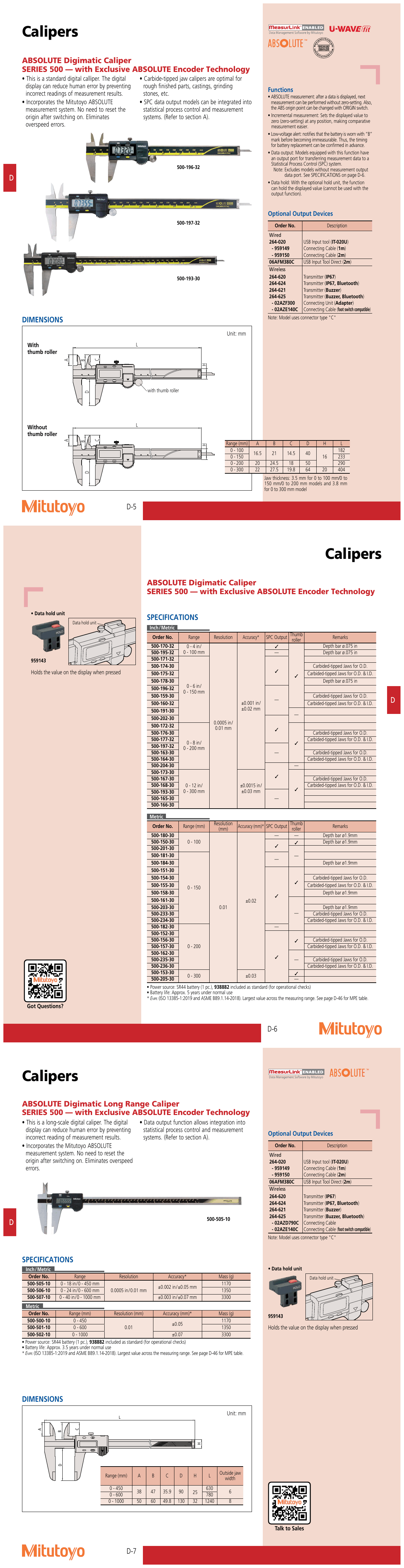 Mitutoyo 500-171-32 Absolute Digimatic Caliper 0-6″ w/SPC size and specification comparison table