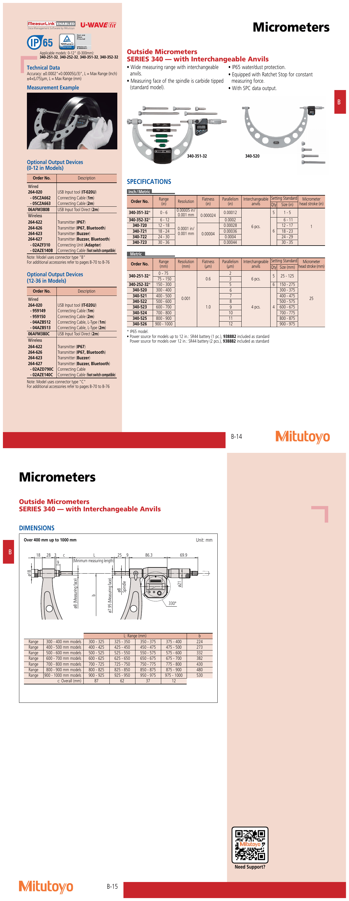 Mitutoyo 340-351-32 Outside Micrometer with Interchangeable Anvils 0-6″ w/SPC IP65 size and specification comparison table