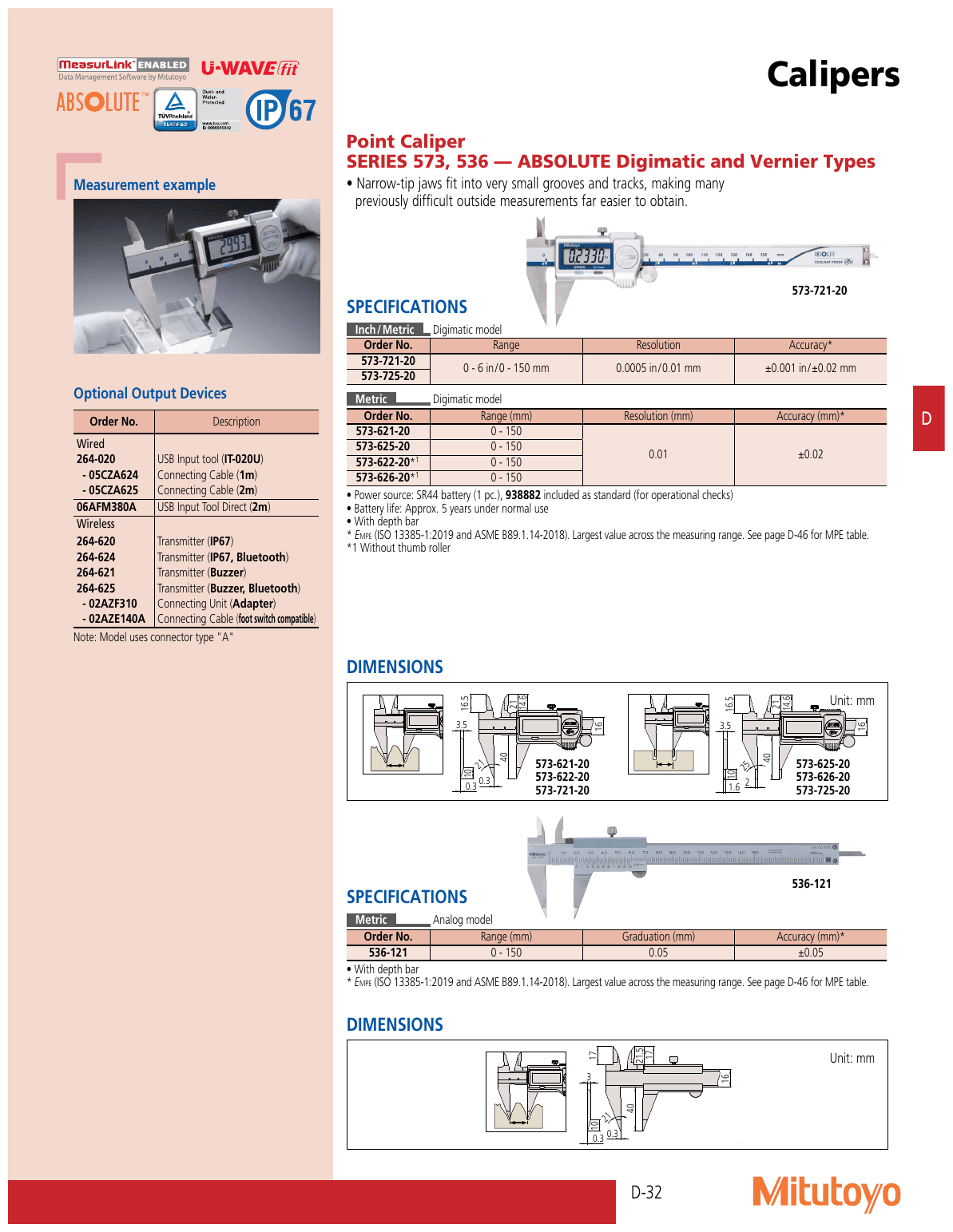 Mitutoyo 573-721-20 Absolute Digimatic Point Caliper 0-6″ w/SPC IP67 size and specification comparison table