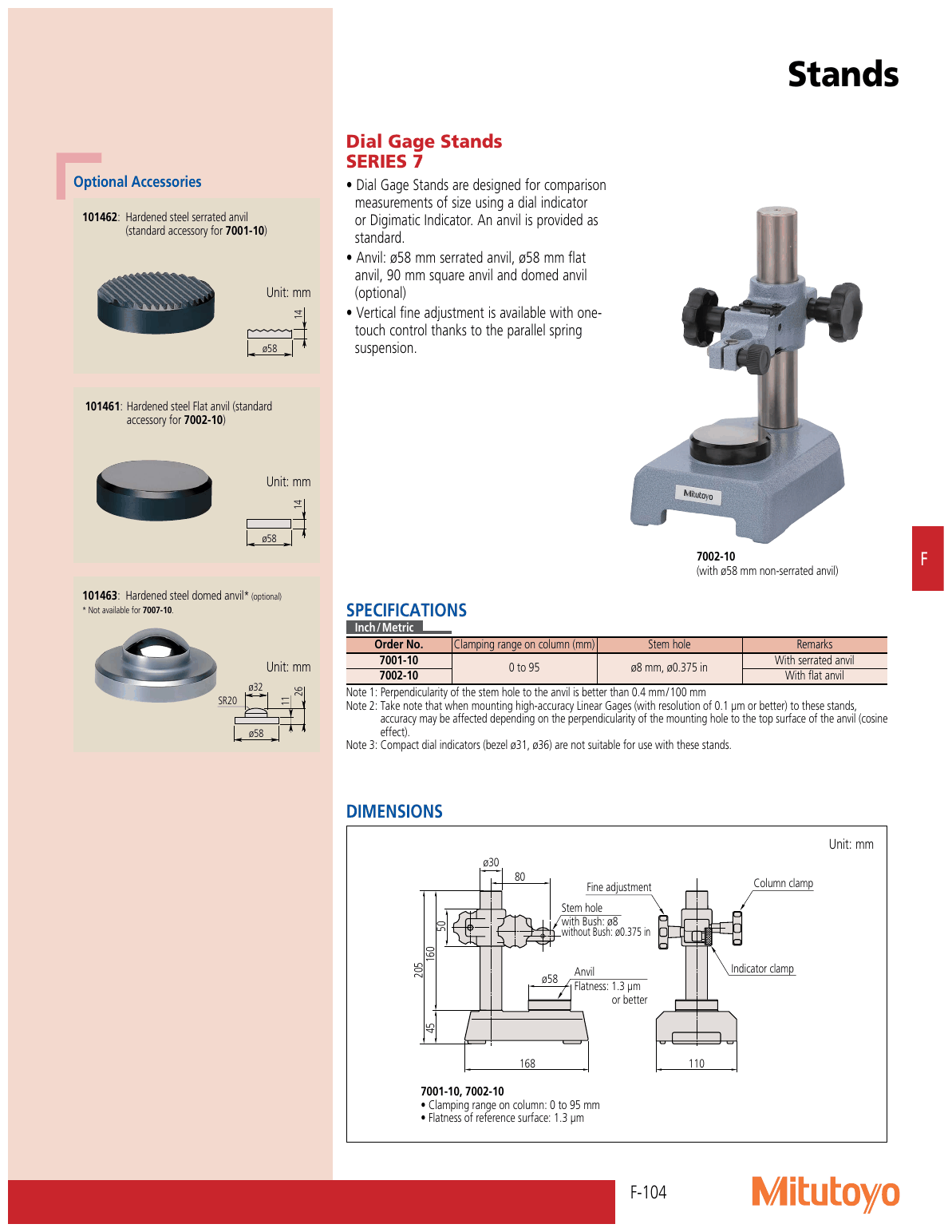 Mitutoyo 7002-10 Dial Gage Stand with Flat Anvil size and specification comparison table