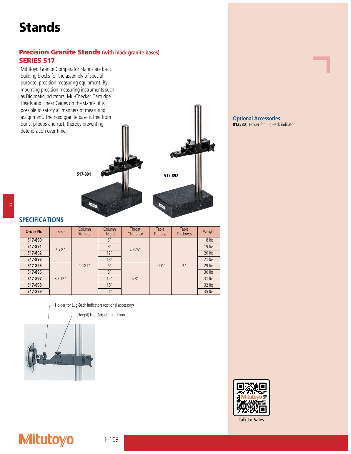 Mitutoyo 517-892 Precision Granite Stand with Black Granite Base 6×8″ 12″ Column size and specification comparison table